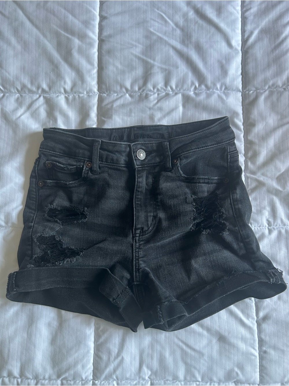 American Eagle Outfitters Black Distressed Rolled-Hem Denim Shorts